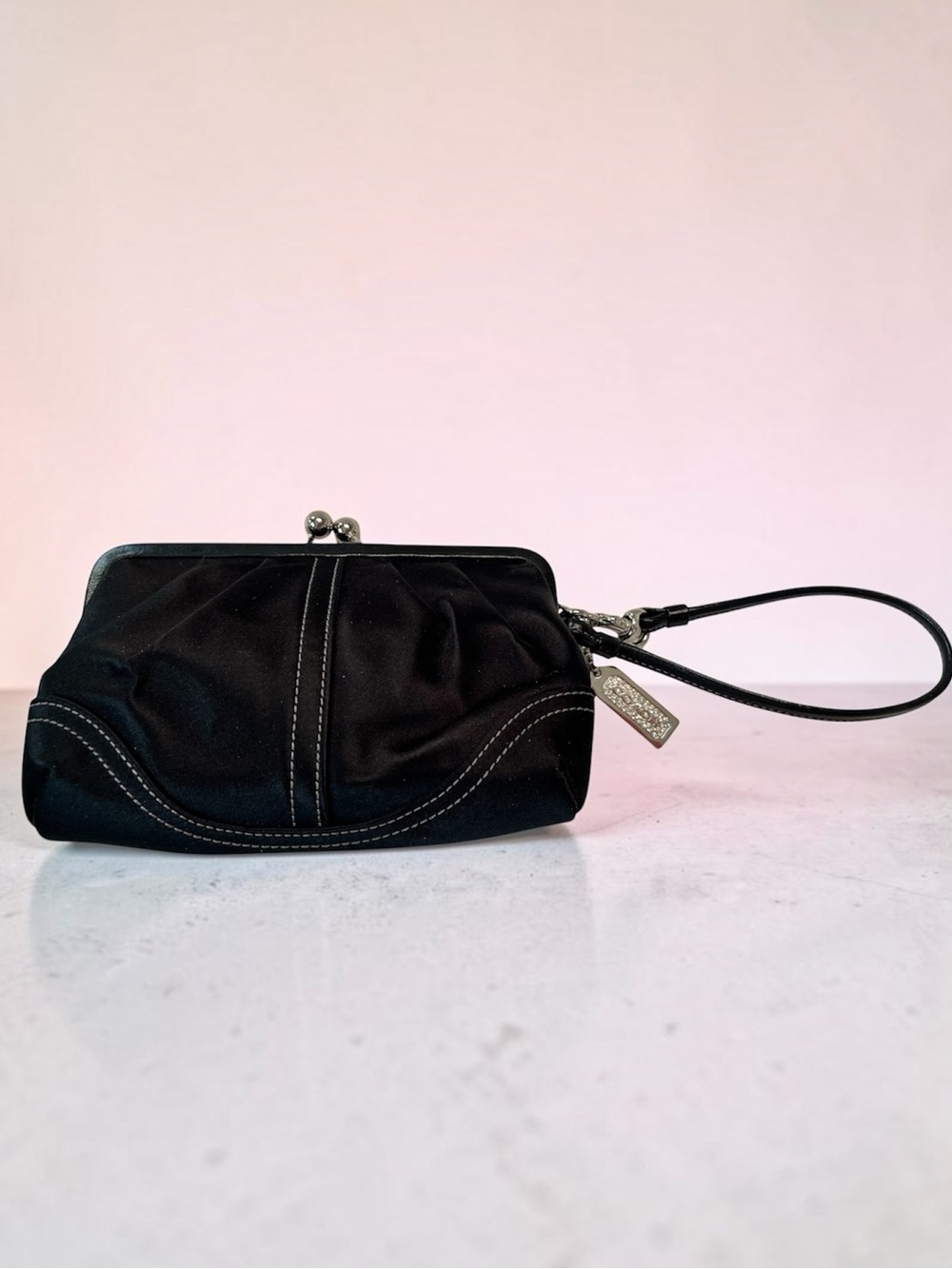 Coach Soho Kisslock Black Satin Clutch Silver Studded Hangtag and Wrist Strap
